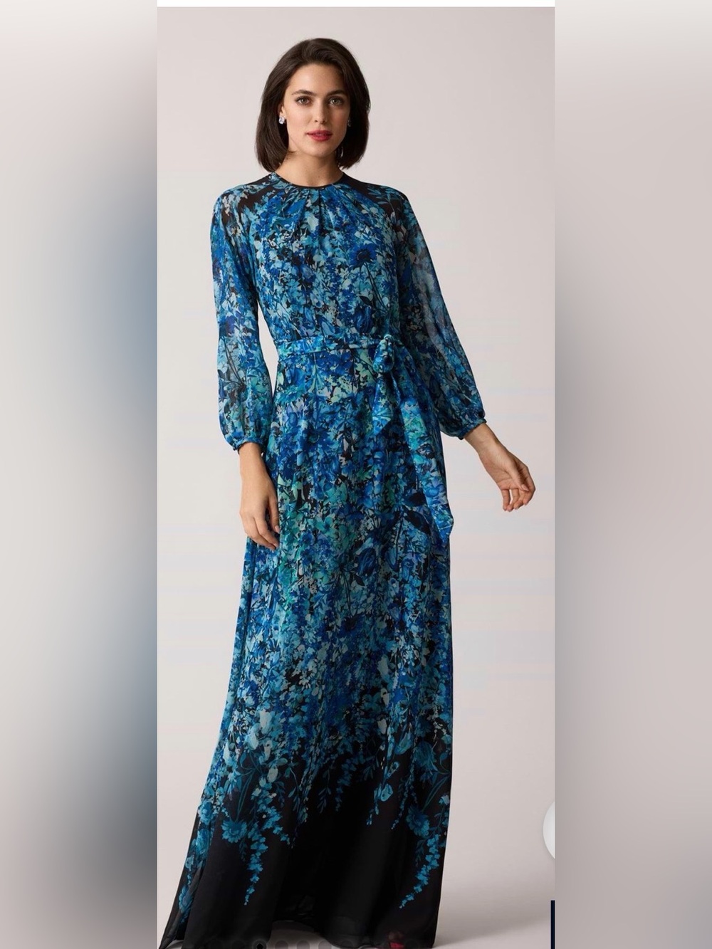 Rickie Freeman for Teri Jon Blue Floral Long Sleeve Maxi Dress Sz 10 NWT
